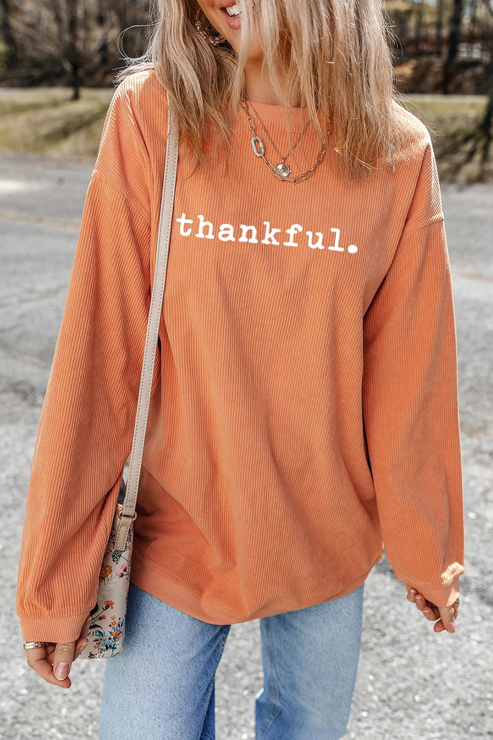 Orange Thankful Ribbed Crewneck Thanksgiving Sweatshirt