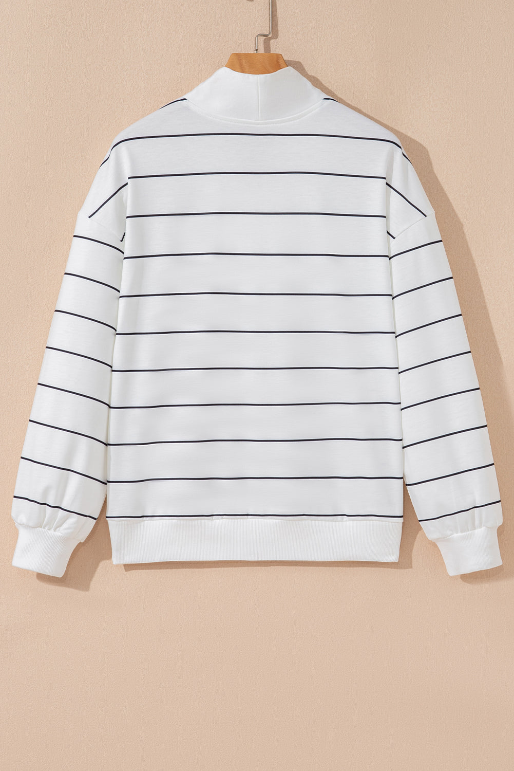 White Striped Zip V Neck Drop Shoulder Long Sleeve Top