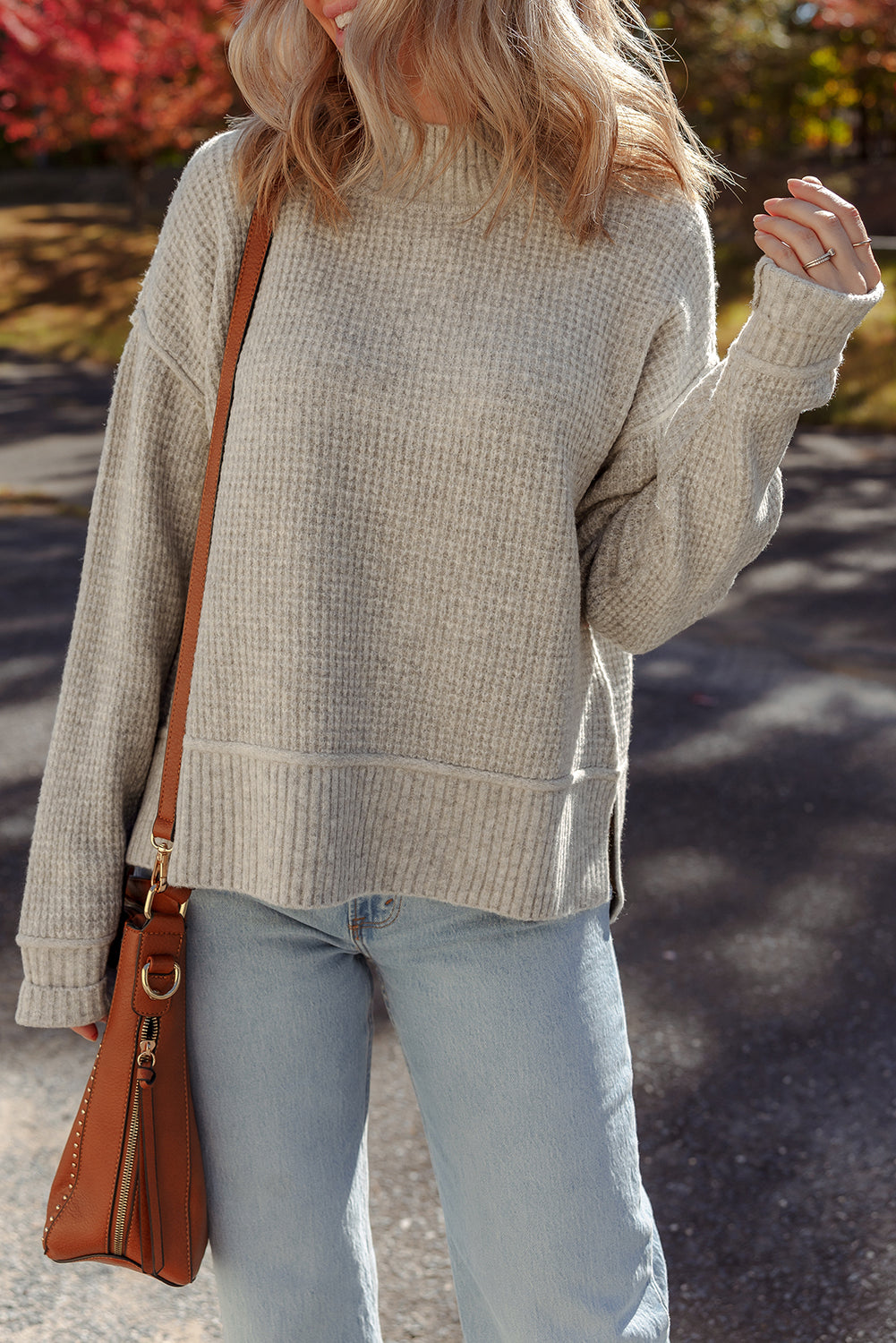 Waffle Knit High Neck Drop Shoulder Ribbed Sweater