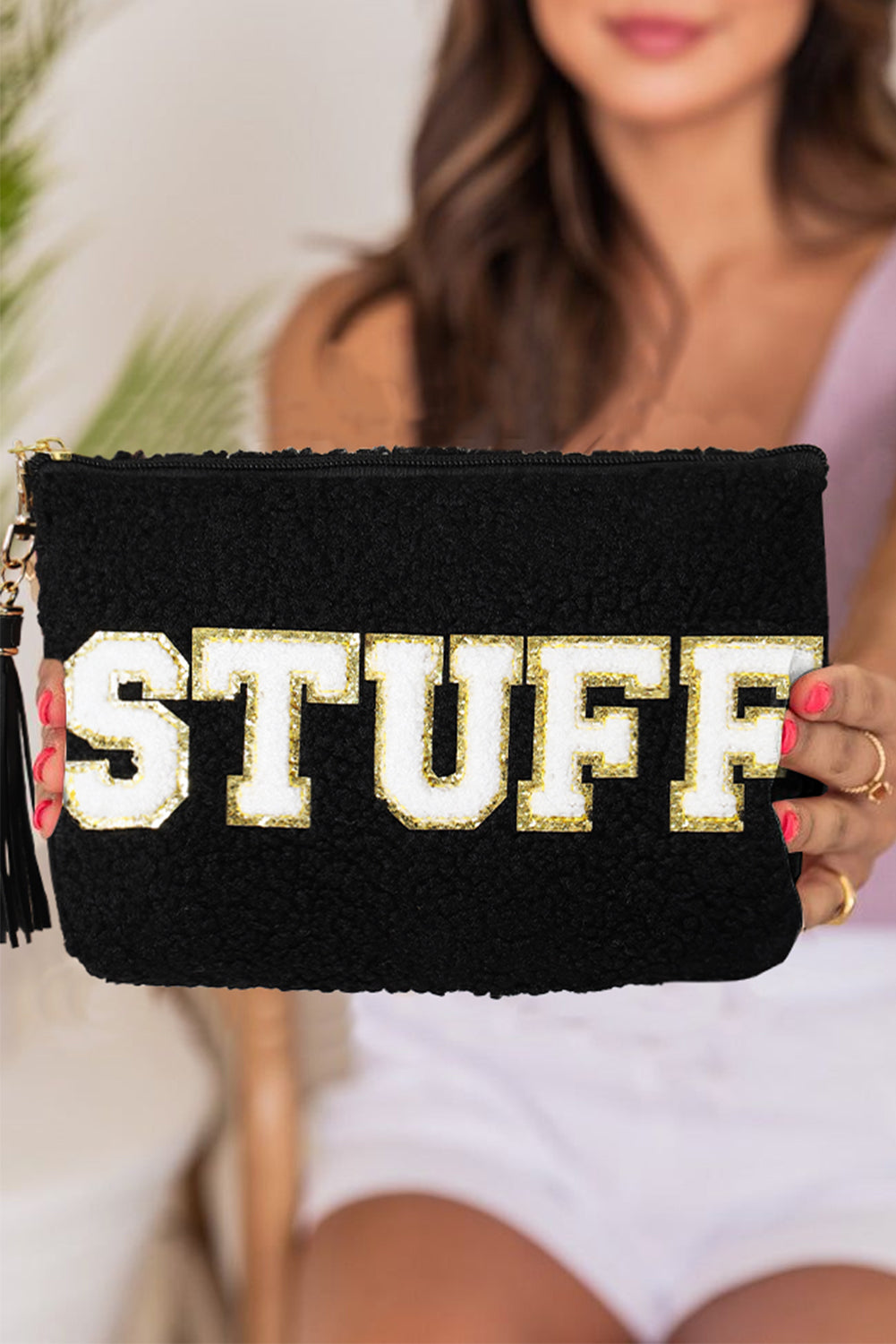 White Sparkle Letter Pattern Tassel Zipper Makeup Bag