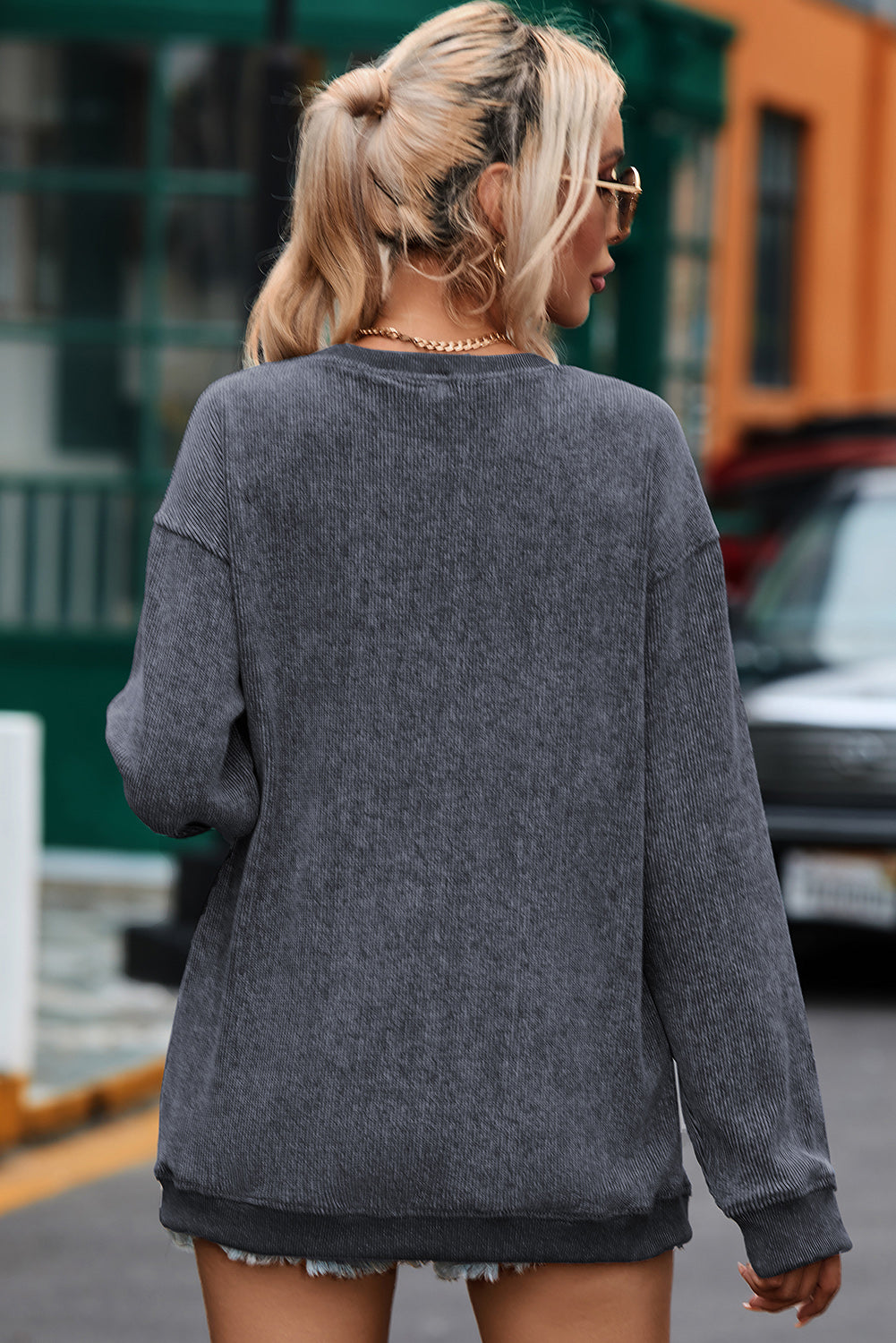 Customizable Solid Ribbed Knit Round Neck Casual PulloverSweatshirt