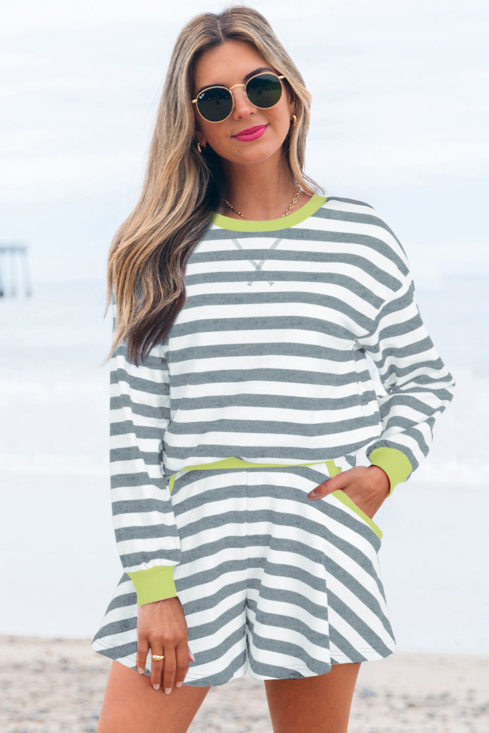 Women's Stripe Long Sleeve Top and Shorts Set