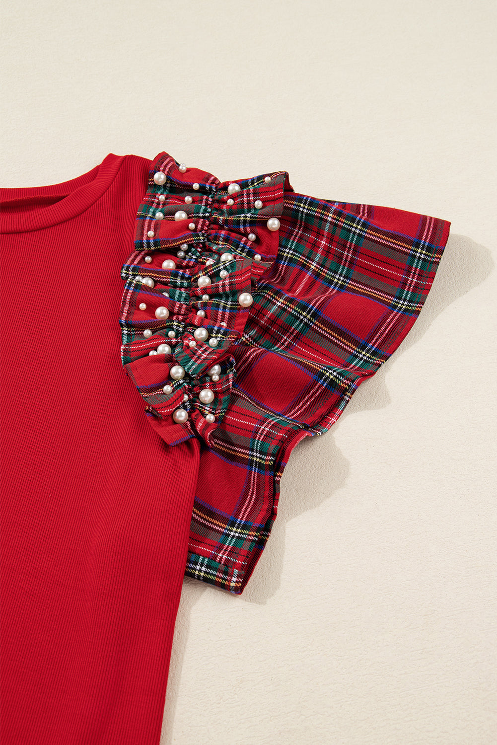 Plus Size Red Plaid Ruffle Sleeve Christmas Holiday Top