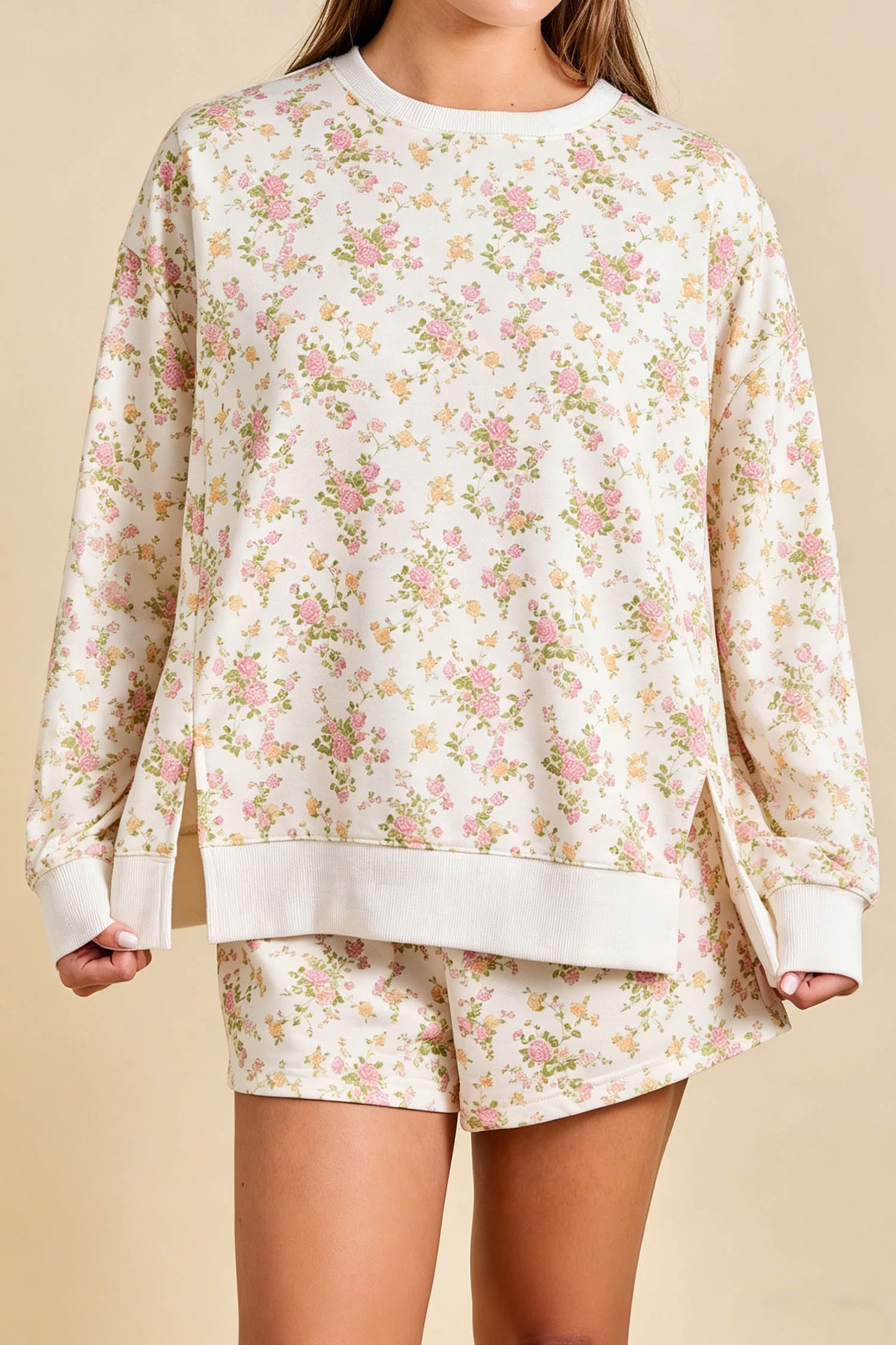 Floral Sweatshirt Shorts Set Women Lounge Two Piece Set