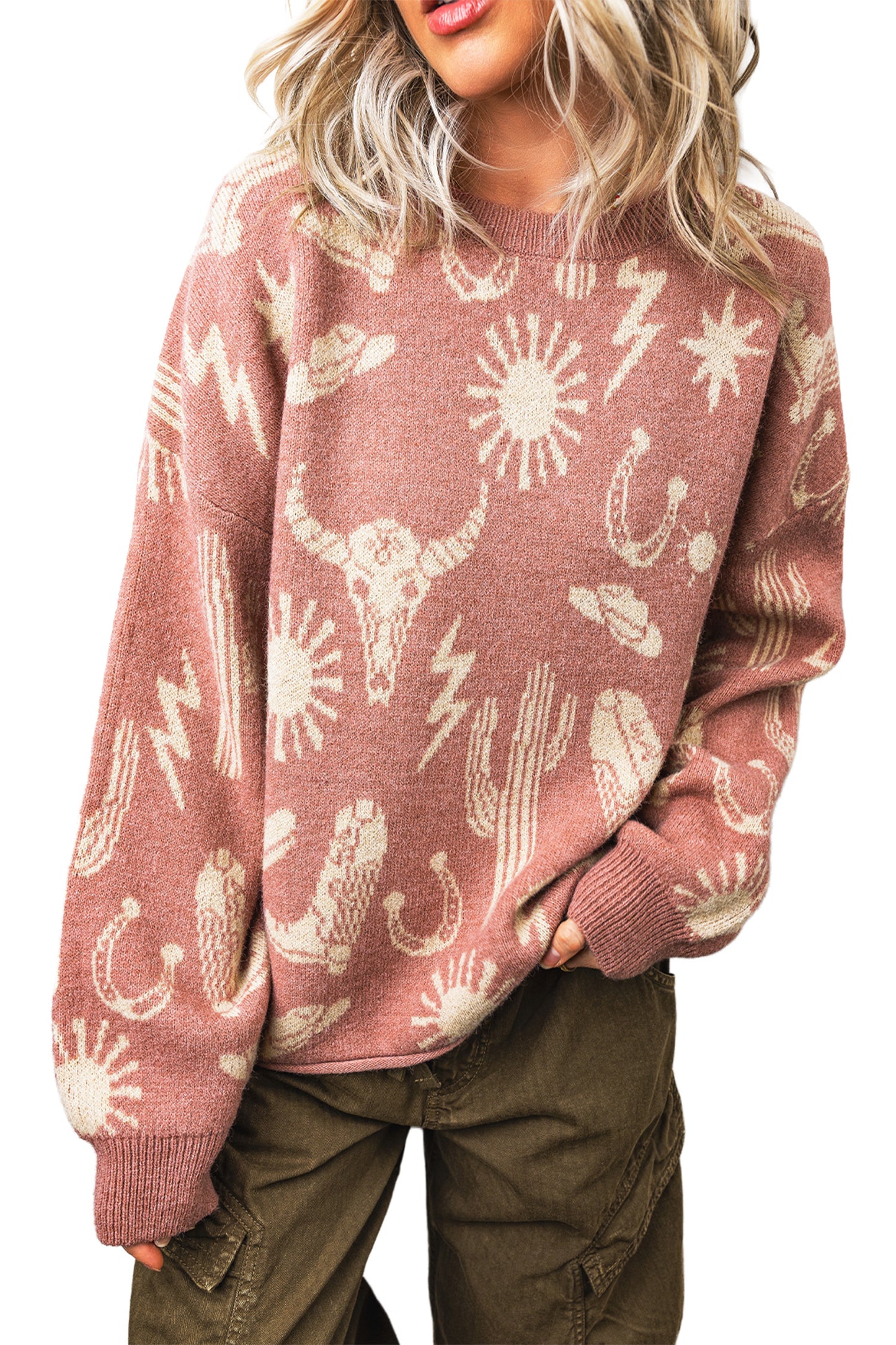 Western Celestial Print Oversized Crew Neck Sweater