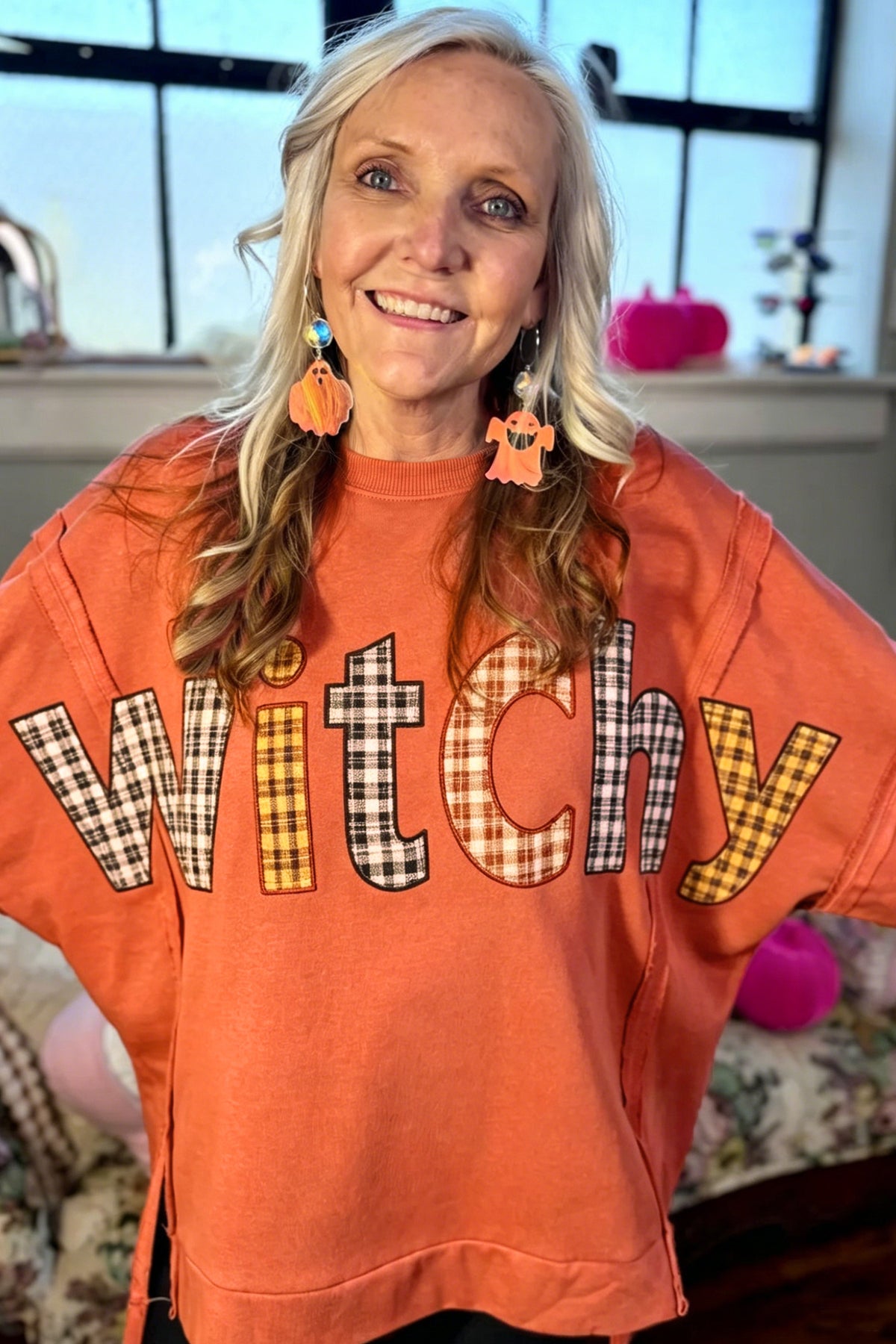 Flamingo Halloween Witchy Plaid Patch Sweatshirt