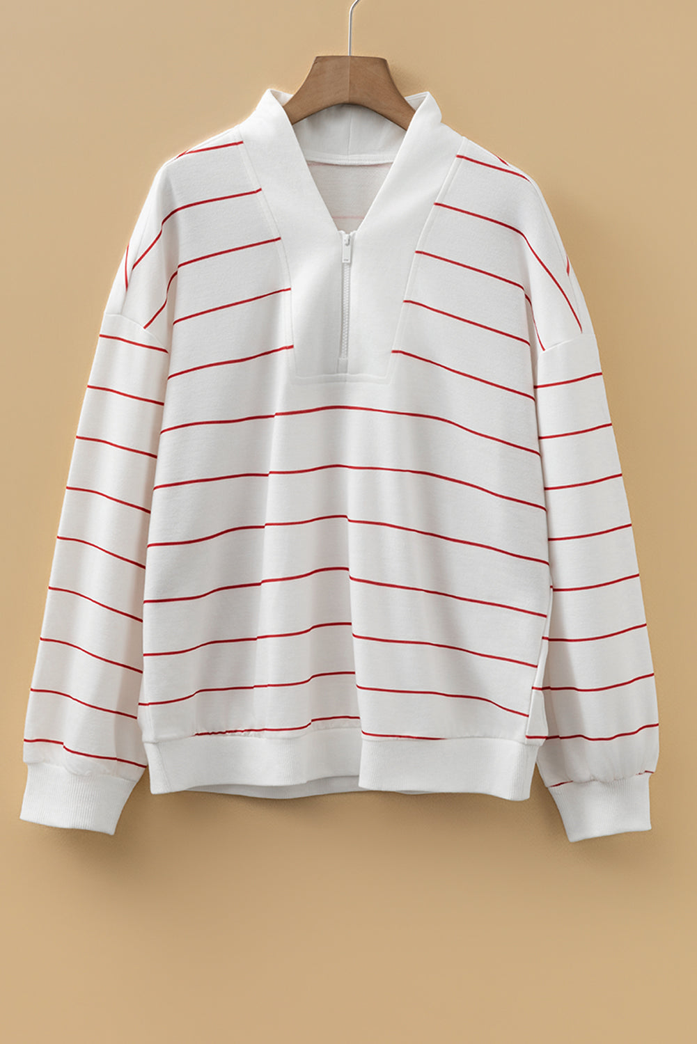 White Striped Zip V Neck Drop Shoulder Long Sleeve Top