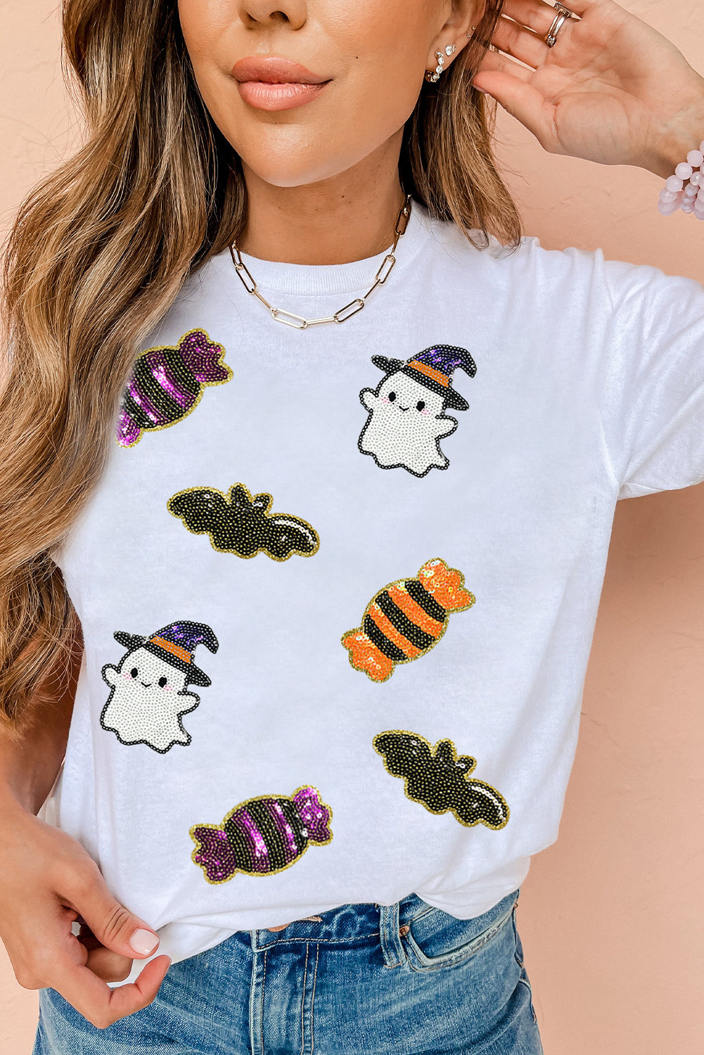 Halloween Sequin Ghost Candy Bat Graphic Casual T Shirt