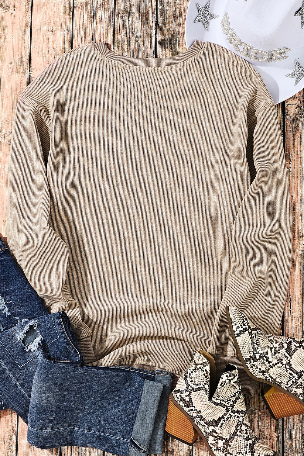 Customizable Solid Ribbed Knit Round Neck Casual PulloverSweatshirt