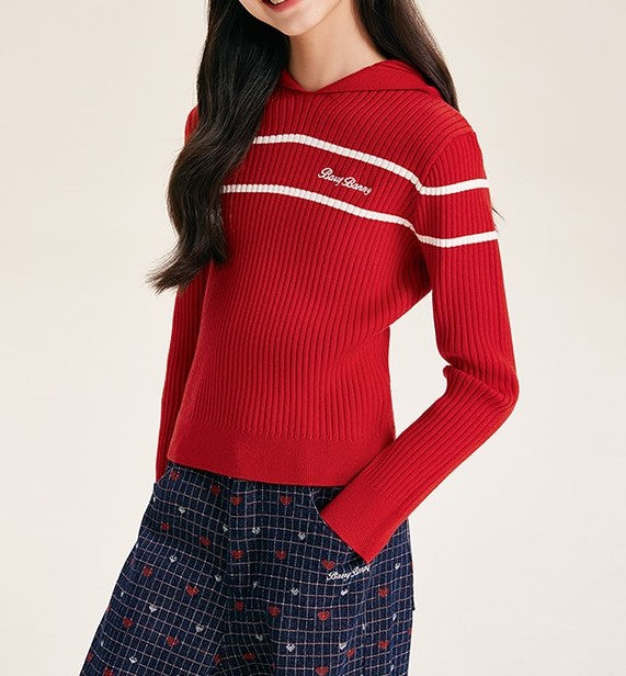 Girls' Striped Knit Hoodie Sweater with Long Sleeves