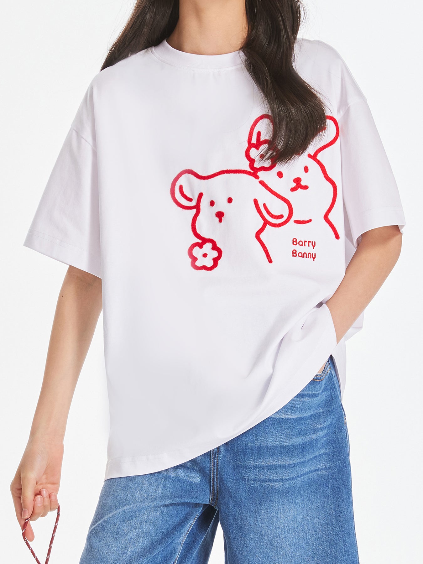 Girls White Cartoon Embroidered Short Sleeve T Shirt