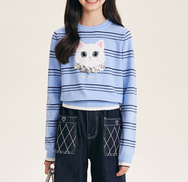 Cute Cartoon Cat Sequin Knit Sweater