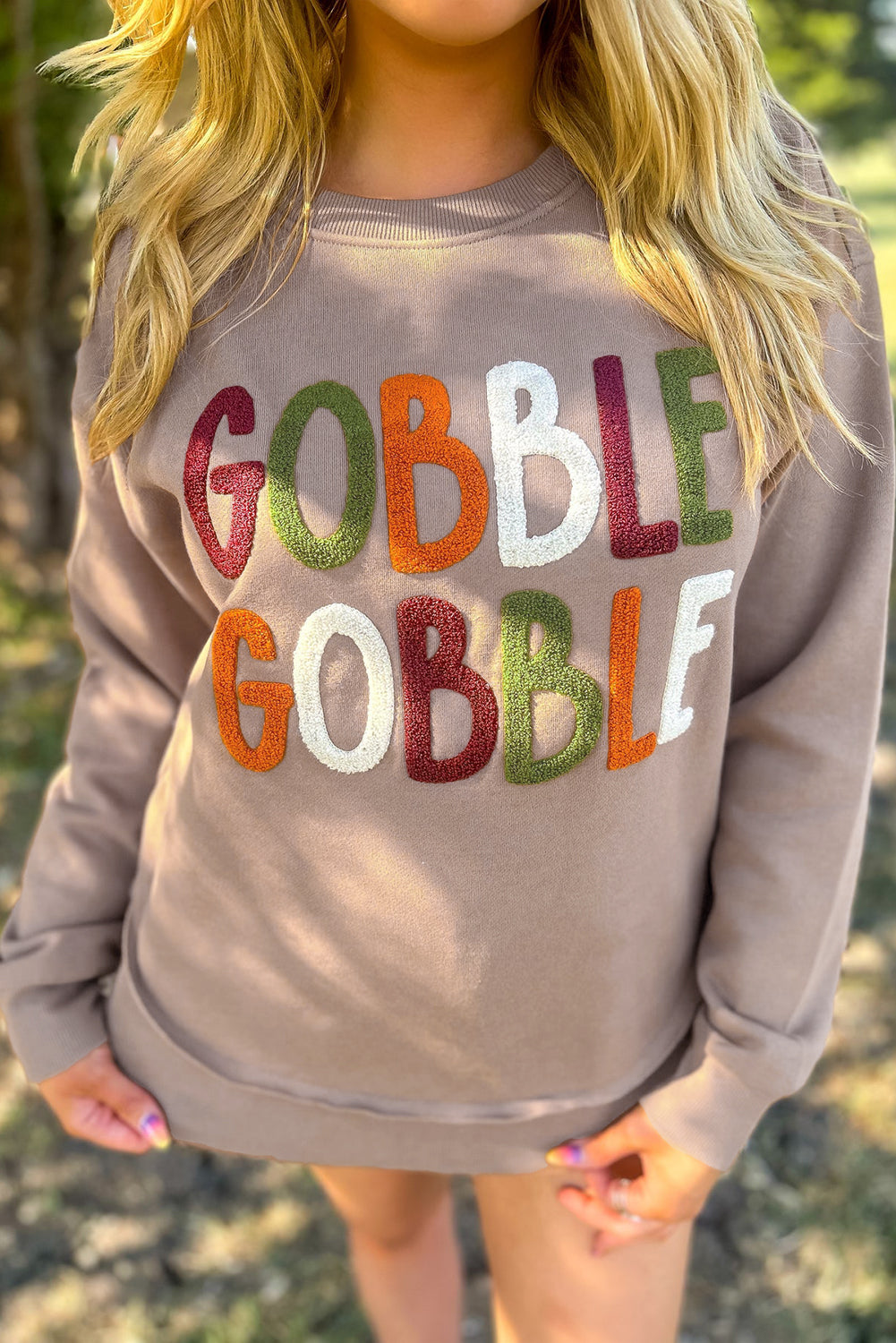 Khaki Gobble Gobble Chenille Letter Thanksgiving Sweatshirt