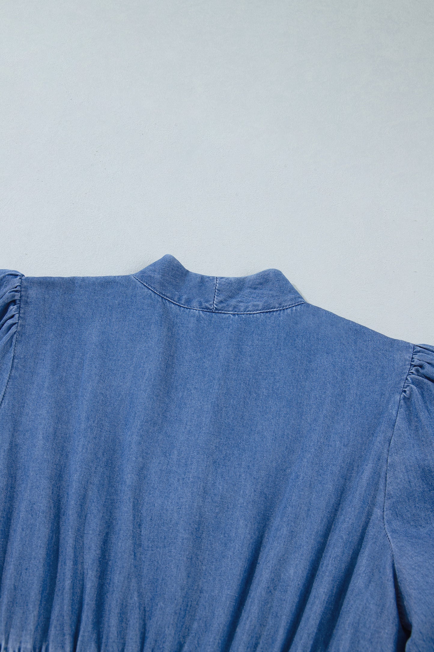 Denim Zip Front Smocked Waist Puff Sleeve Midi Dress