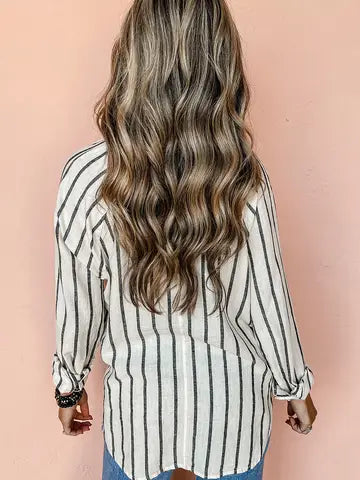 Oversized Striped Button Up Shirt with Chest Pocket