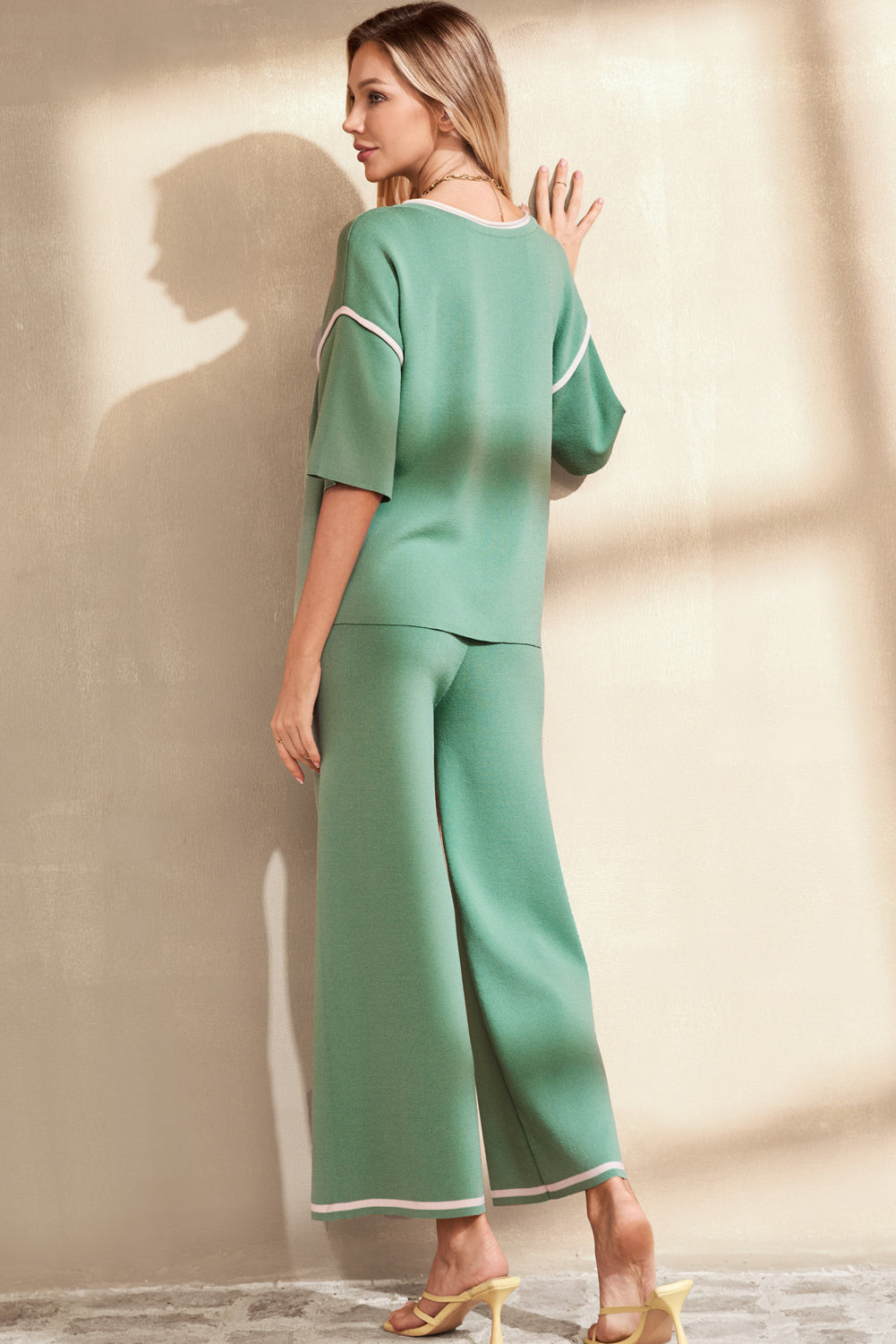 Women’s Knit Lounge Set Contrast Trim Top and Pants