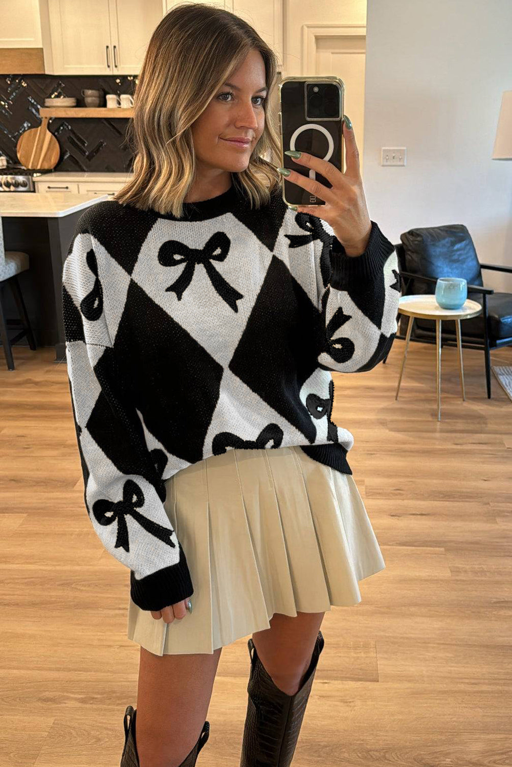 Black White Bow Argyle Knit Oversized Sweater