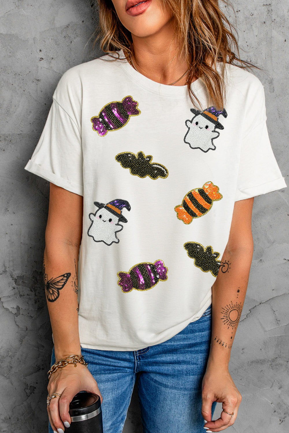 Halloween Sequin Ghost Candy Bat Graphic Casual T Shirt