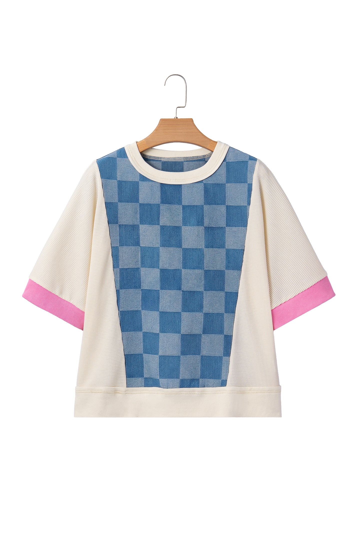Blue Checkerboard Patchwork Short Sleeve Loose Fit Top