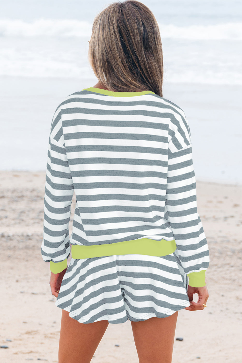 Women's Stripe Long Sleeve Top and Shorts Set