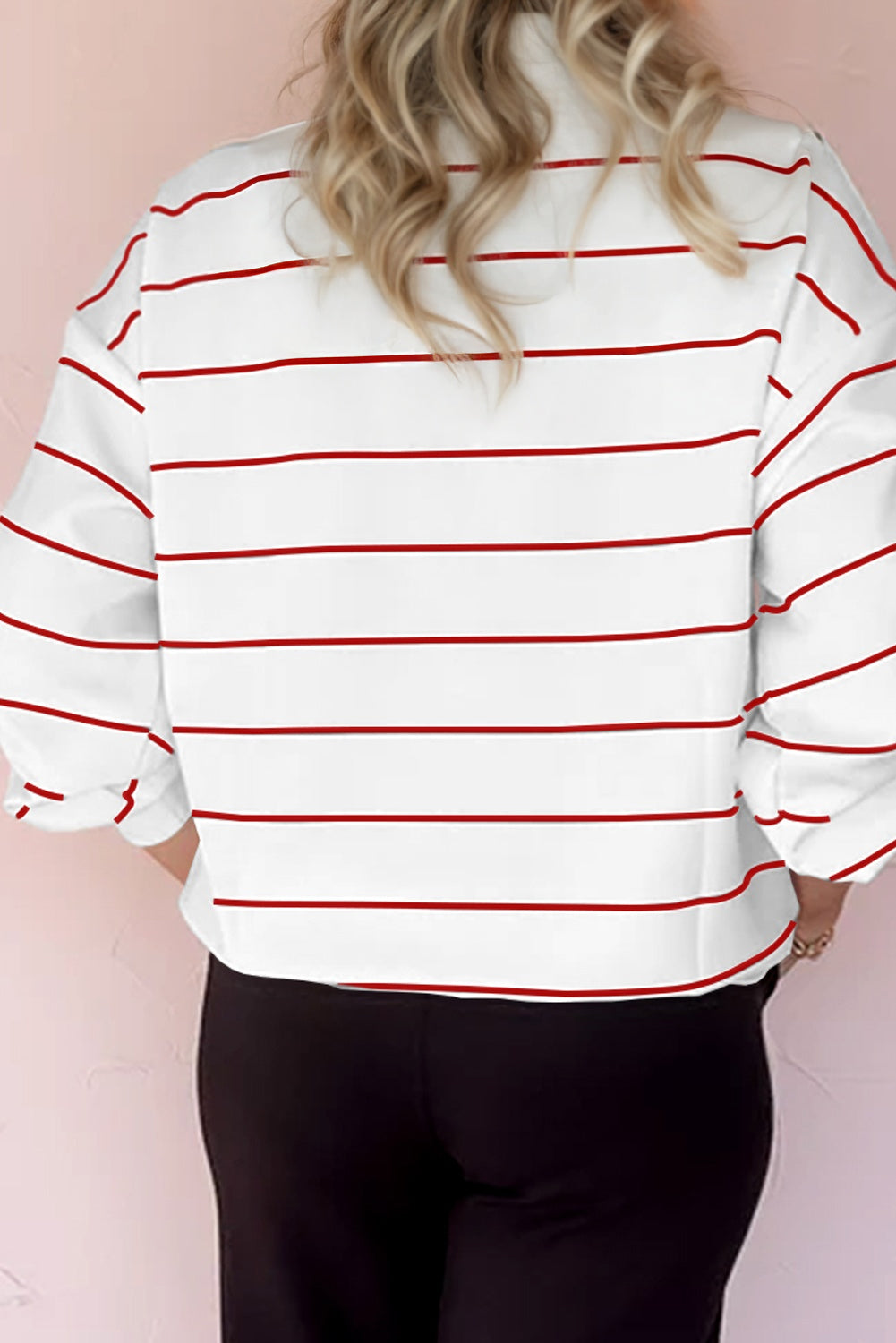White Striped Zip V Neck Drop Shoulder Long Sleeve Top