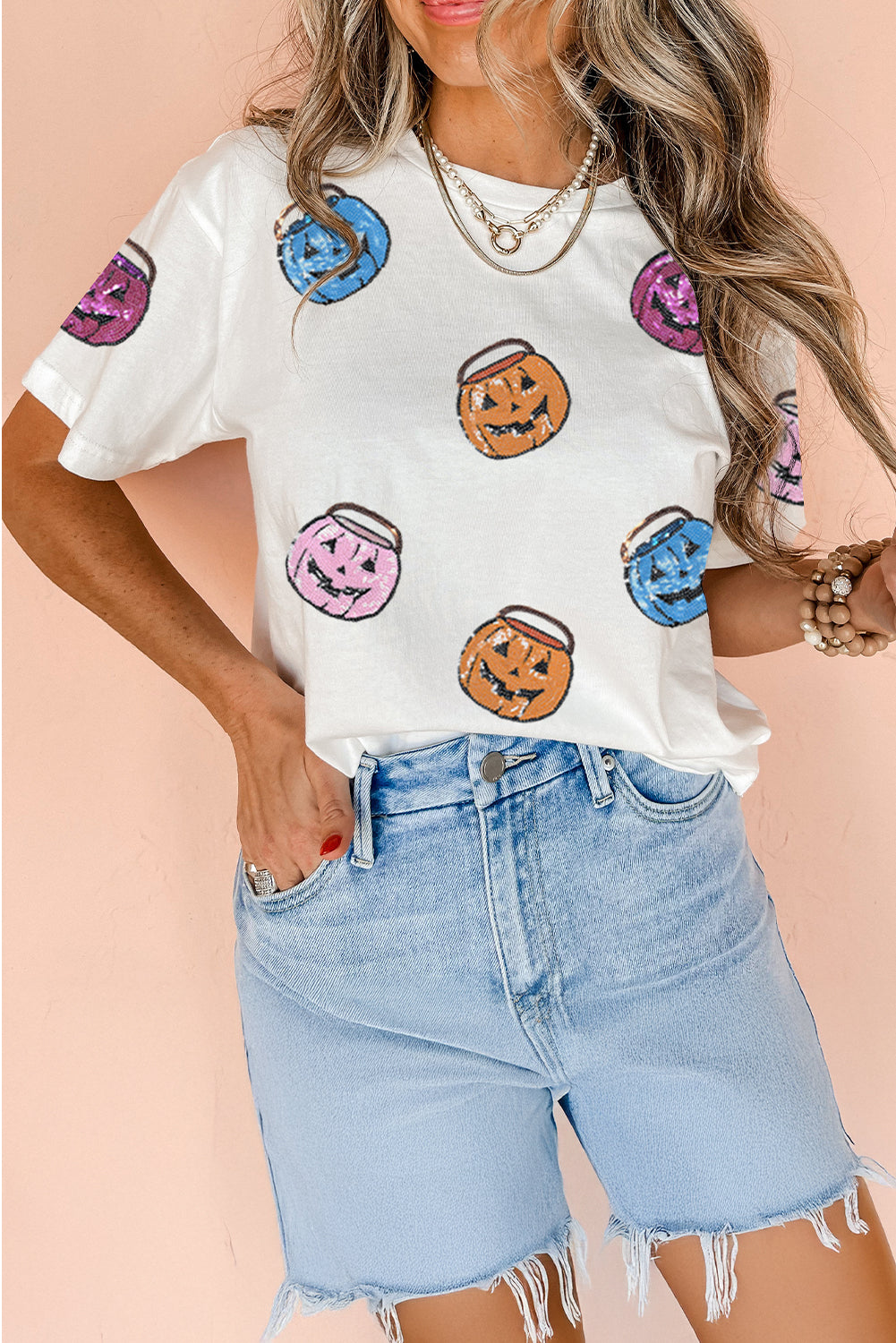 White Sequin Pumpkin Face Patched Crew Neck Halloween T-Shirt