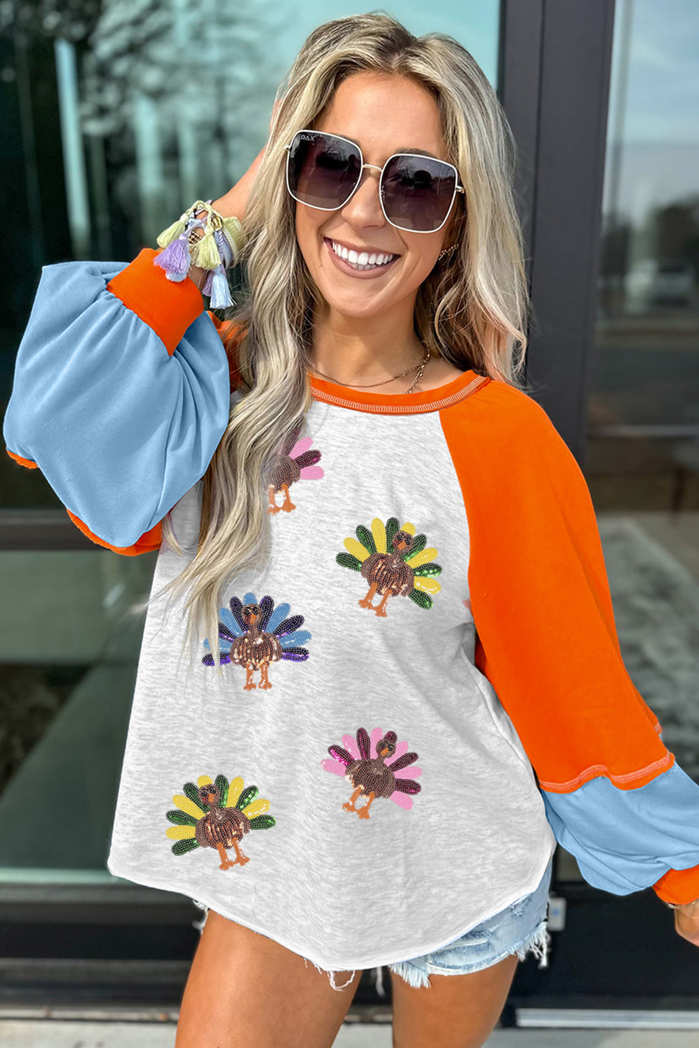 Thanksgiving Turkey Sequin Color Block Raglan Top