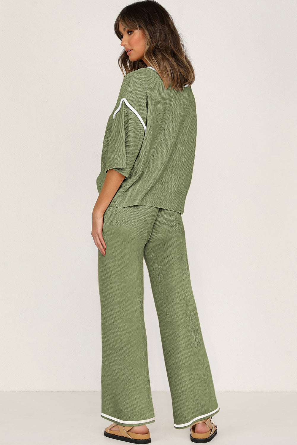 Women’s Knit Lounge Set Contrast Trim Top and Pants