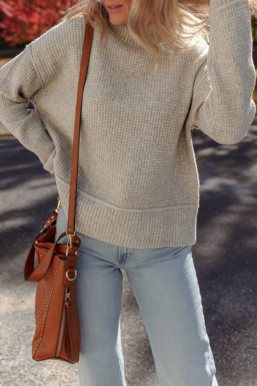 Waffle Knit High Neck Drop Shoulder Ribbed Sweater