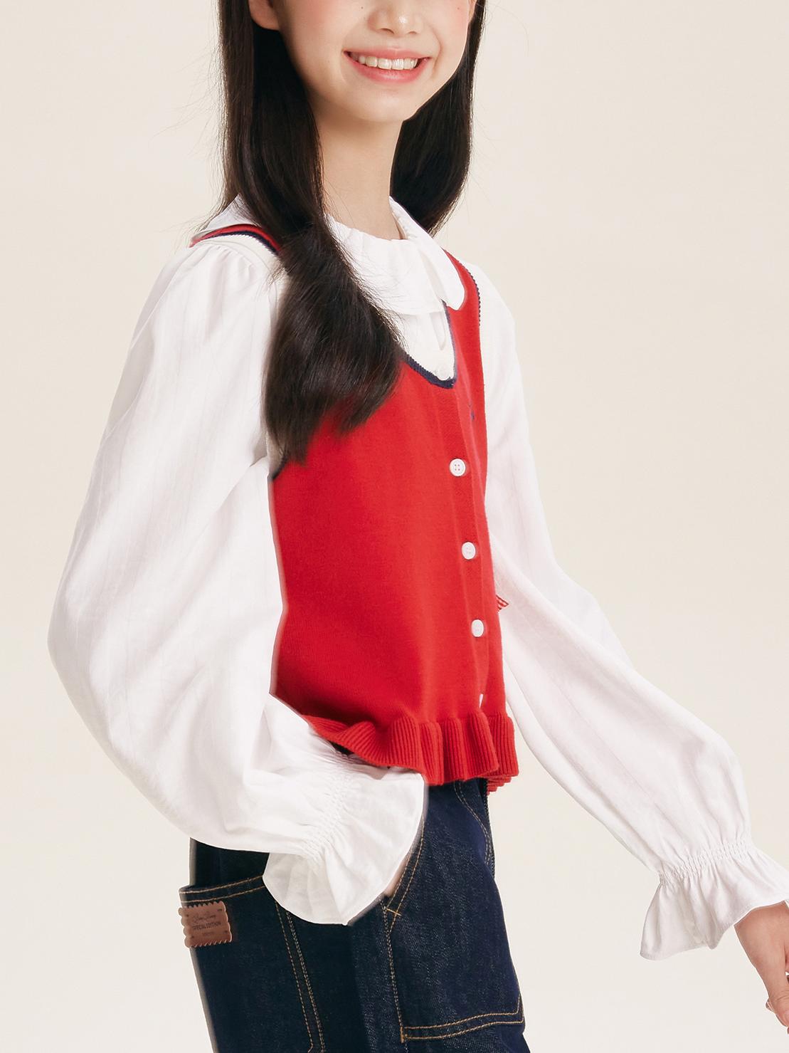Cute Embroidered Red Knit Vest Cardigan for Kids – Adorable Ruffle Hem
