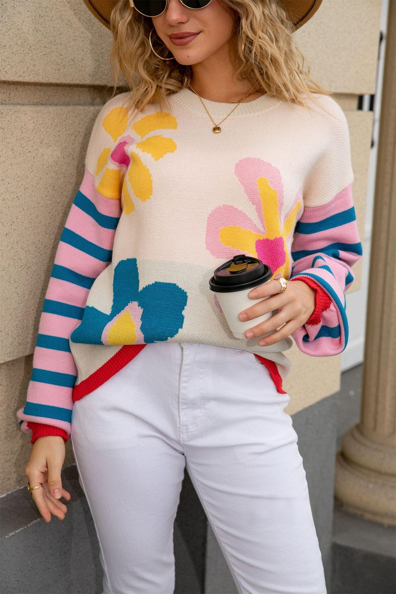 2025 Fall Winter Women’s Colorful Floral Striped Knit Sweater