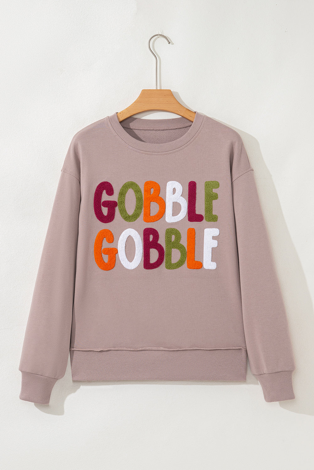 Khaki Gobble Gobble Chenille Letter Thanksgiving Sweatshirt