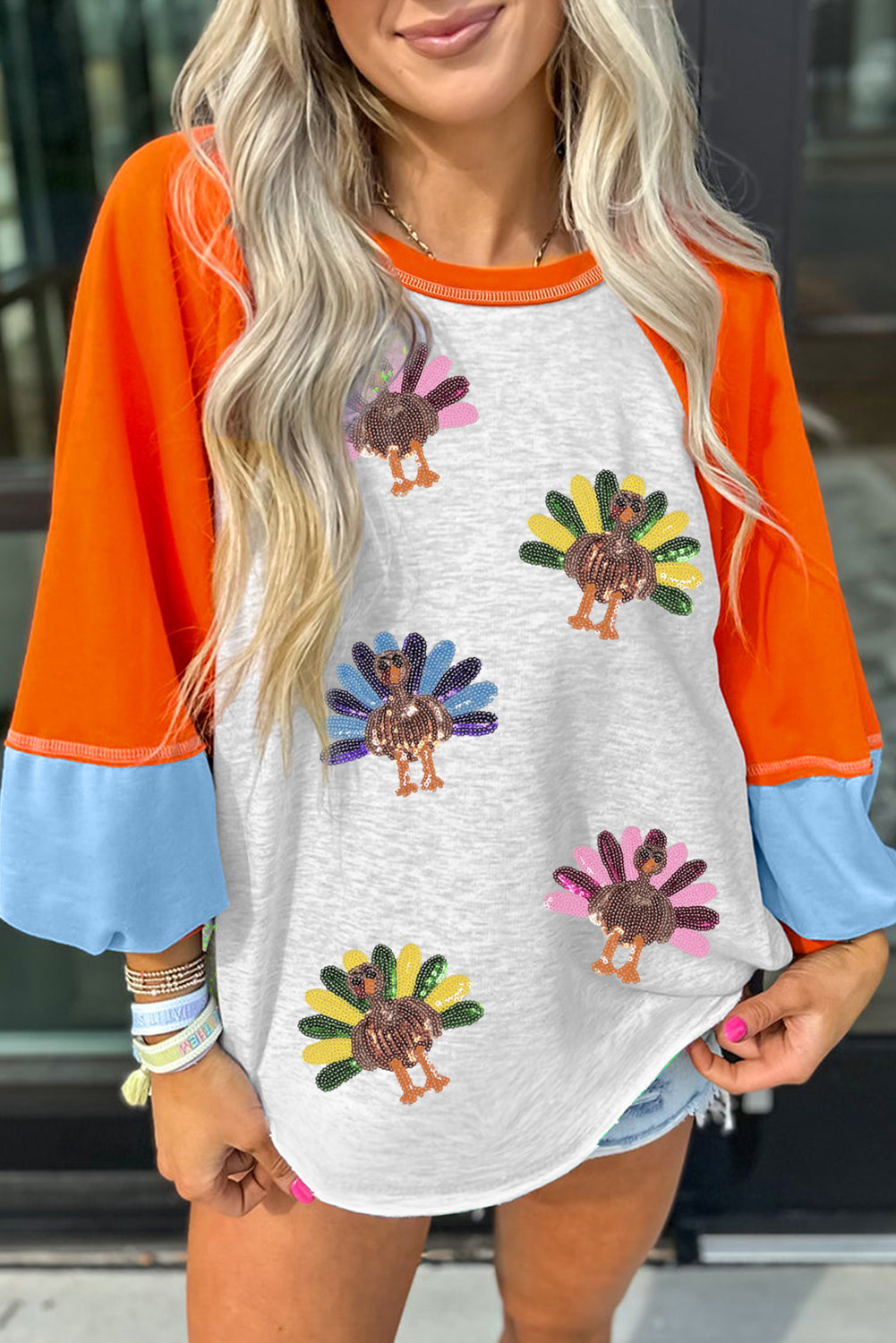 Thanksgiving Turkey Sequin Color Block Raglan Top