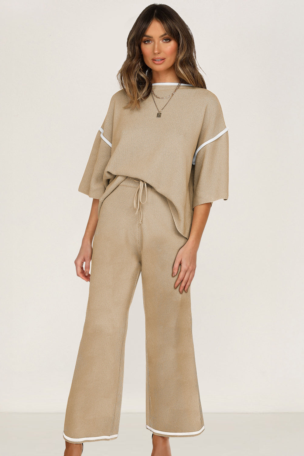 Women’s Knit Lounge Set Contrast Trim Top and Pants