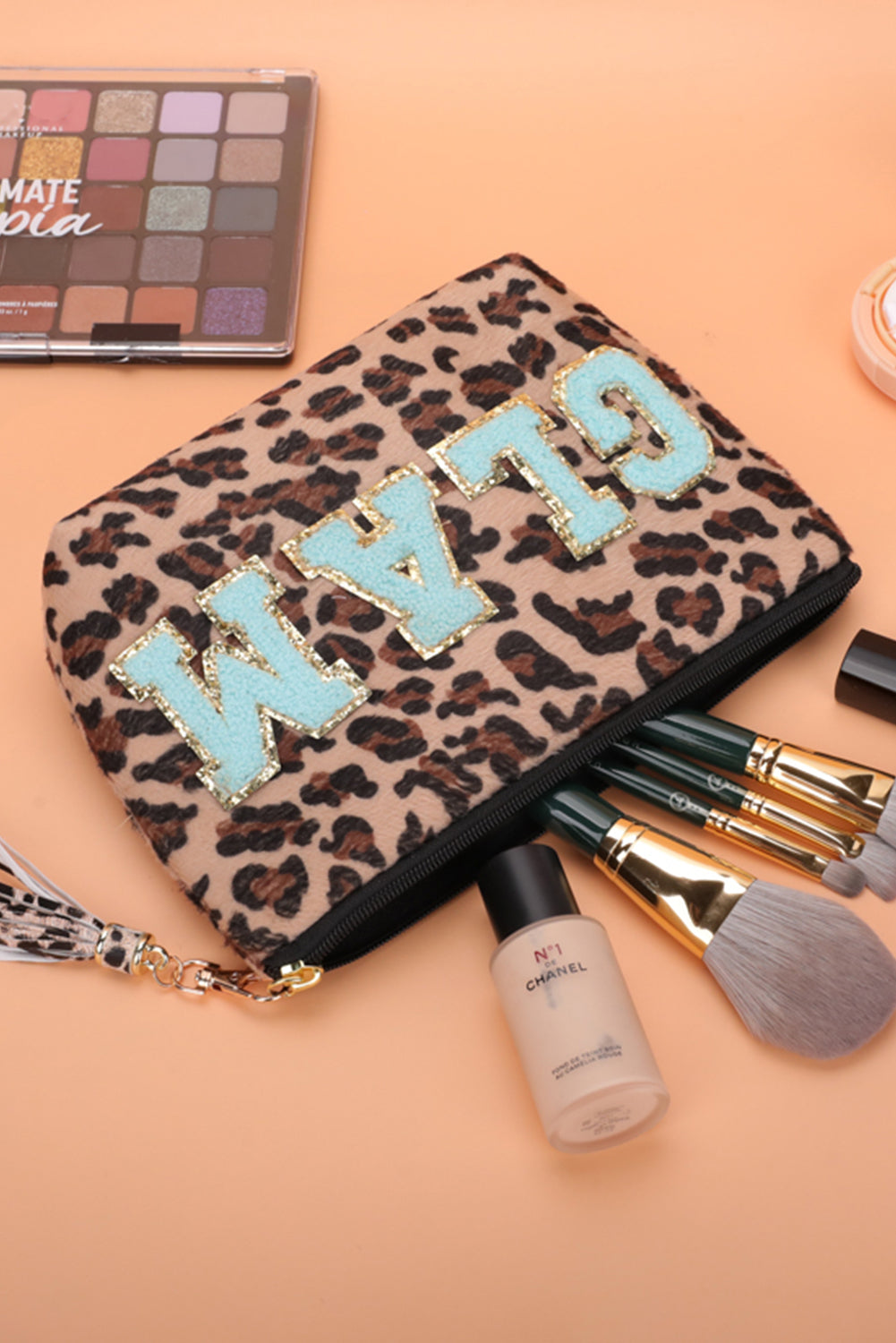 White Sparkle Letter Pattern Tassel Zipper Makeup Bag