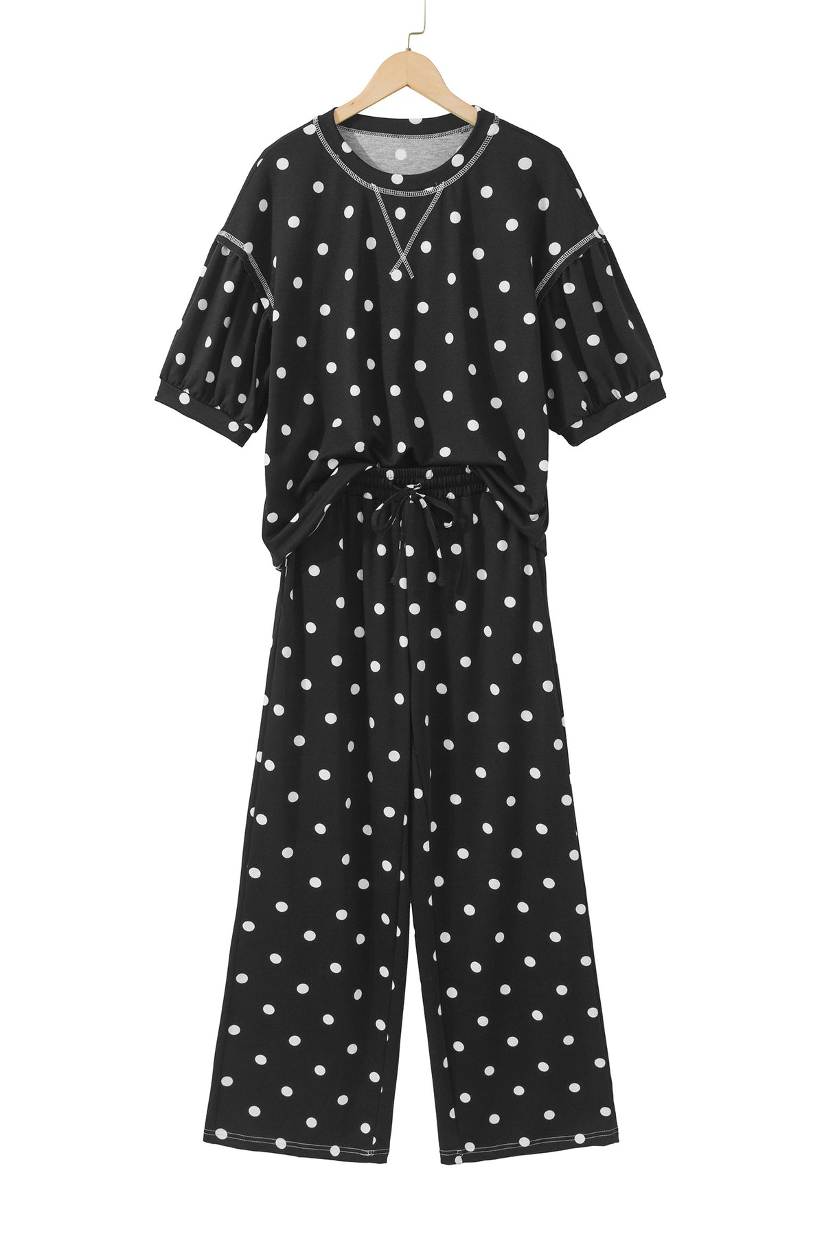 Polka Dot Puff Sleeve Wide Leg Two Piece Pants Set