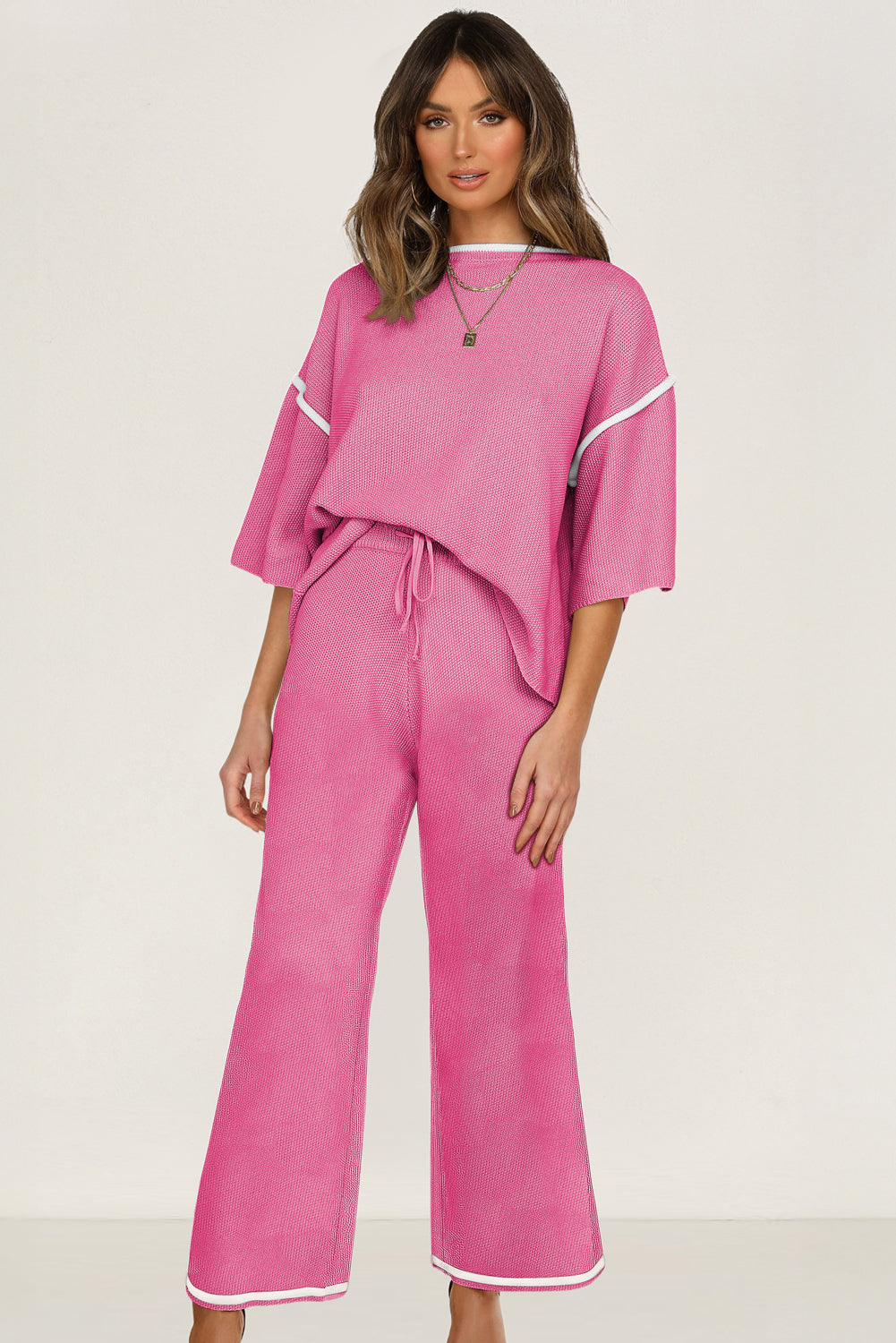 Women’s Knit Lounge Set Contrast Trim Top and Pants