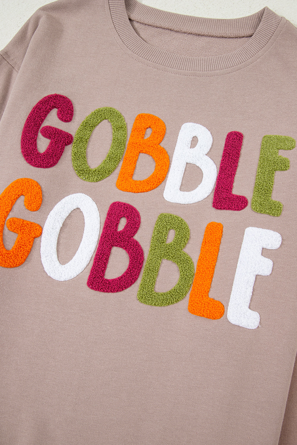 Khaki Gobble Gobble Chenille Letter Thanksgiving Sweatshirt