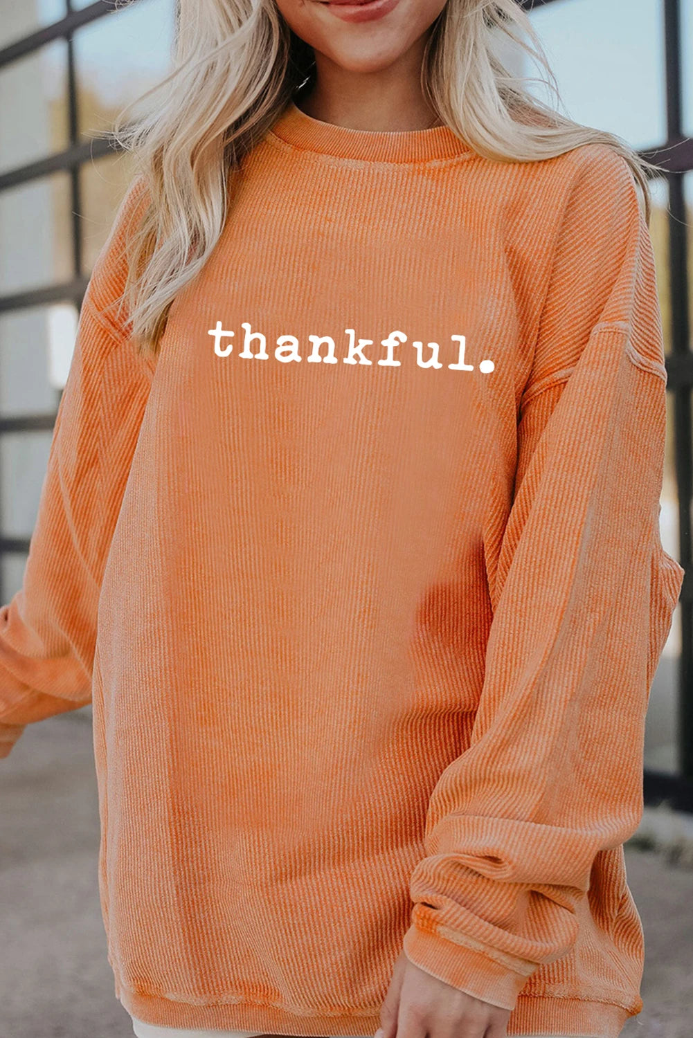 Orange Thankful Ribbed Crewneck Thanksgiving Sweatshirt