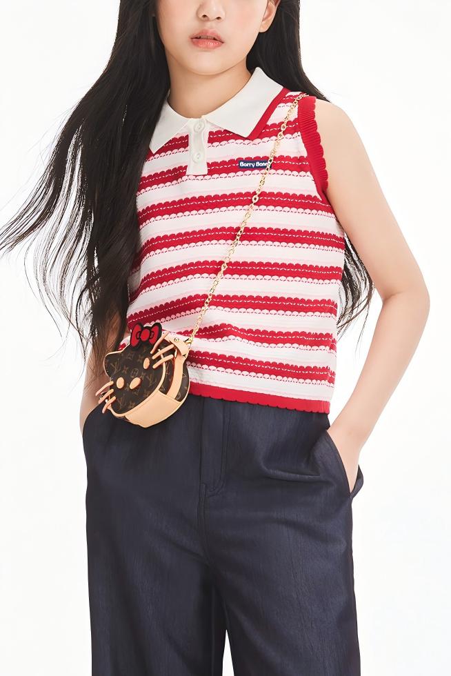 Girls Summer Sleeveless Knit Striped Top Polo Collar
