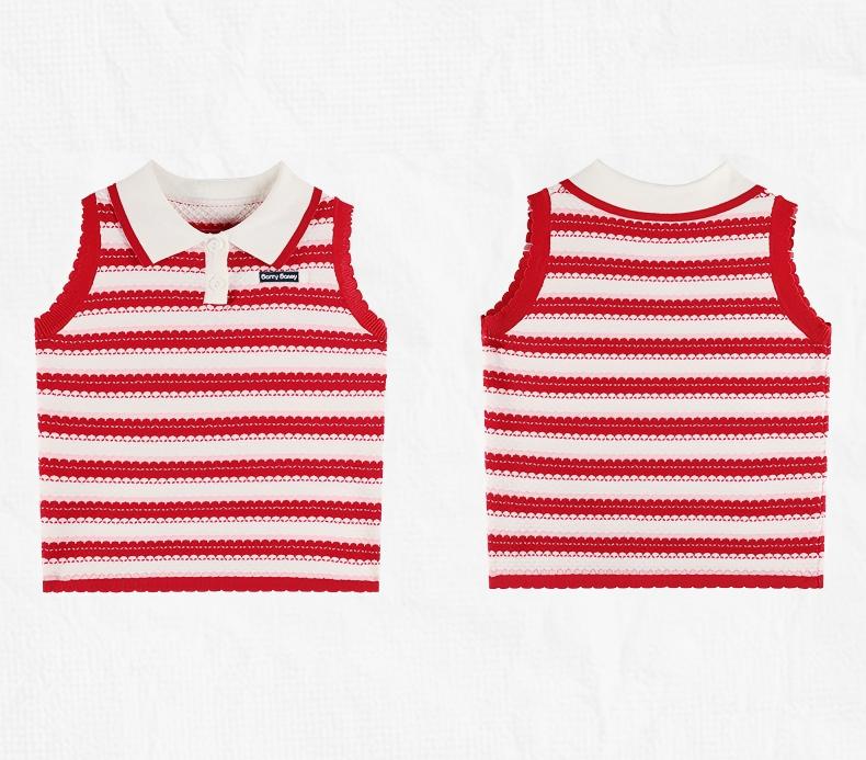 Girls Summer Sleeveless Knit Striped Top Polo Collar
