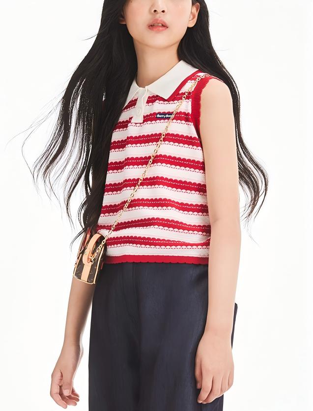 Girls Summer Sleeveless Knit Striped Top Polo Collar