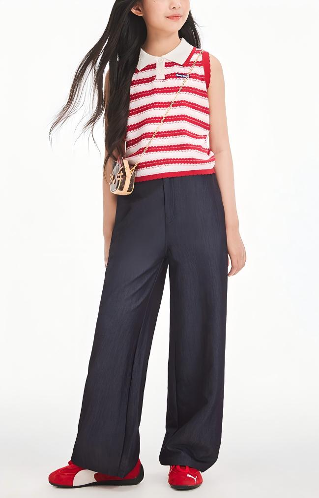 Girls Summer Sleeveless Knit Striped Top Polo Collar
