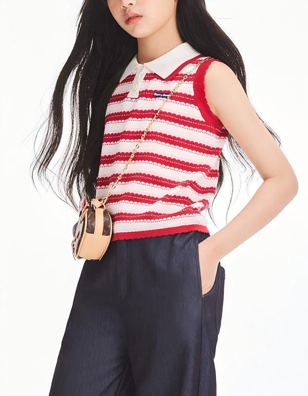Girls Summer Sleeveless Knit Striped Top Polo Collar