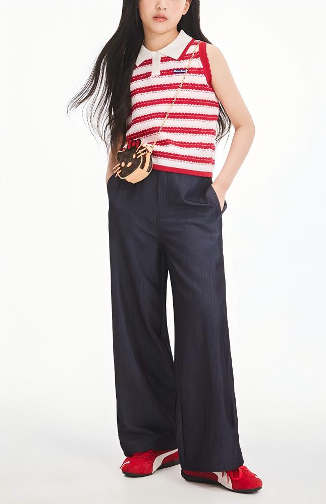 Girls Summer Sleeveless Knit Striped Top Polo Collar
