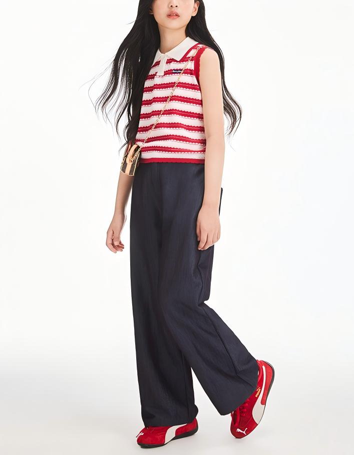 Girls Summer Sleeveless Knit Striped Top Polo Collar