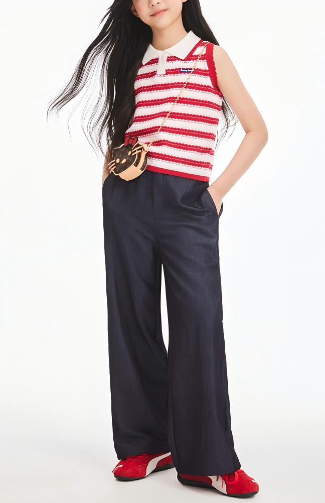 Girls Summer Sleeveless Knit Striped Top Polo Collar