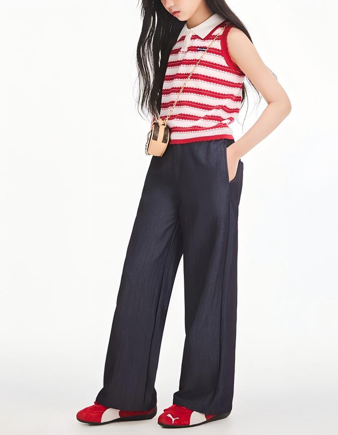 Girls Summer Sleeveless Knit Striped Top Polo Collar