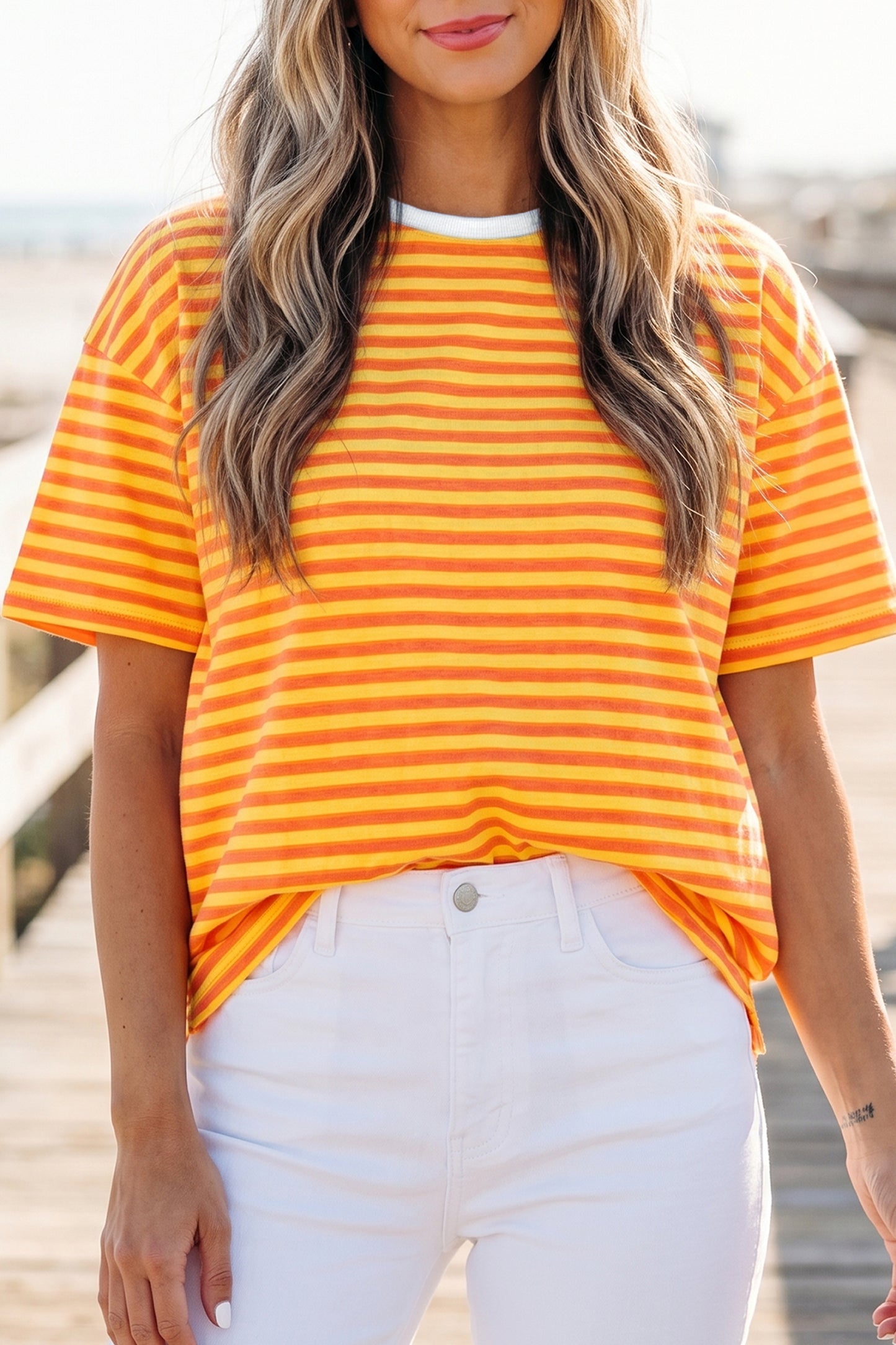 Sky Blue Striped Contrast Neck Drop Shoulder Loose Tee