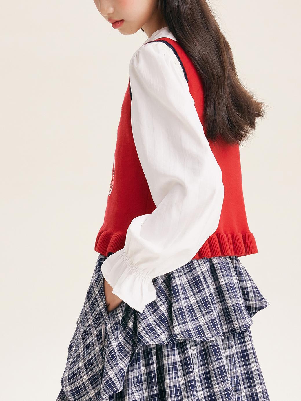Cute Embroidered Red Knit Vest Cardigan for Kids – Adorable Ruffle Hem